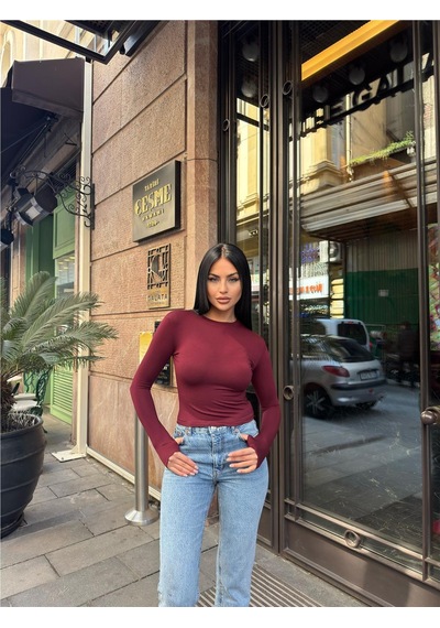 WeShaya Kadın Bordo Bisiklet Yaka Uzun Kollu Parmak Geçmeli Viskon Badi Tişört Bordo