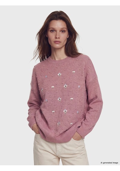 Lcw Modest Pembe Bisiklet Yaka Çiçek Nakışlı Kadın Triko Tunik