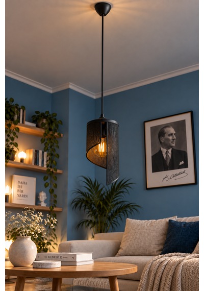 Spiral Tekli Sarkıt Avize Modern Özel Tasarım Salon Mutfak G95 Rustik Led Ampul Hediyeli Siyah