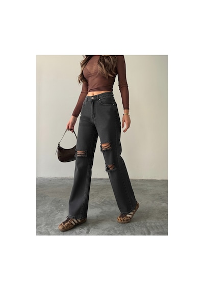 Blue Marlın Çift Diz Lazer Yırtık Boyfriend Bol Paça Jeans Siyah