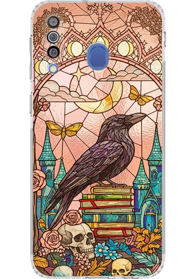 Printify Samsung Galaxy M30 İle Uyumlu Vitray Bilge Kuzgun Tasarımlı Şeffaf Silikon Kılıf Şeffaf