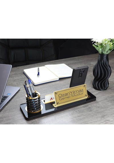 Ahşap Masa İsimliği Kalemli Ofis Hediyesi Masa İsimliği 702psa Siyah