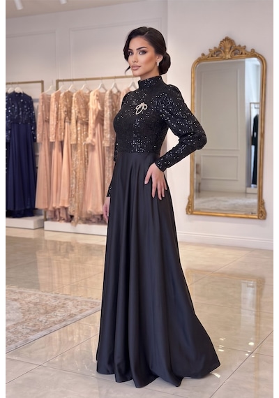 Dorne Moda Üstü Pul Paletli Altı Saten Kloş Detaylı Mezuniyet Ve Nişan Abiye Elbise Siyah Siyah Dorne Moda Üstü Pul Paletli Altı Saten Kloş Detaylı Mezuniyet Ve Nişan Abiye Elbise Siyah Siyah