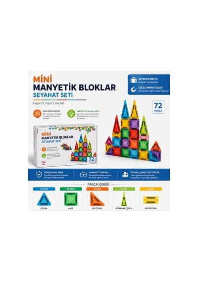 Mini Manyetik Bloklar - Seyahat Seti 72 Parça - Küçük Boy Manyetik