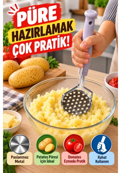 Metal Patates Ezici Püre Yapıcı Domates Sebze Ezme Aparatı Paslanmaz Çelik 25 Cm 8 Cm Mutfak Gereci