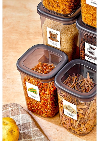 6 Adet Etiketli Square Kare Erzak Saklama Kabı Seti 1200 Ml - Sert Kapak 1.2 Litre Çok Renkli