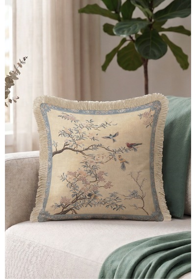 Japon Bahçesi Kuşlu Floral Saçaklı Yastık Kılıfı - Chinoiserie Bej Mavi Krem Püsküllü Kırlent Kılıfı Sessiz Vadi Nova Japon Bahçesi Kuşlu Floral Saçaklı Yastık Kılıfı - Chinoiserie Bej Mavi Krem Püsküllü Kırlent Kılıfı Sessiz Vadi Nova