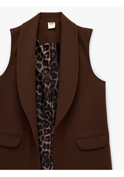 Koton Astarı Leopar Desenli Cepli Uzun Blazer Yelek Kahverengi 6sak20050uw Kahve