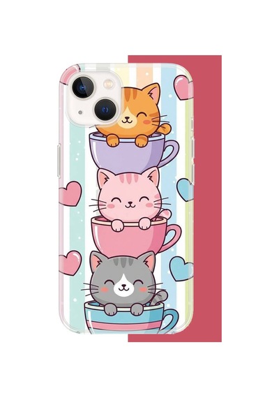 İphone 15 Uyumlu Kawaii Fincandaki Kediler Uv Baskılı Silikon Kılıf Renkli