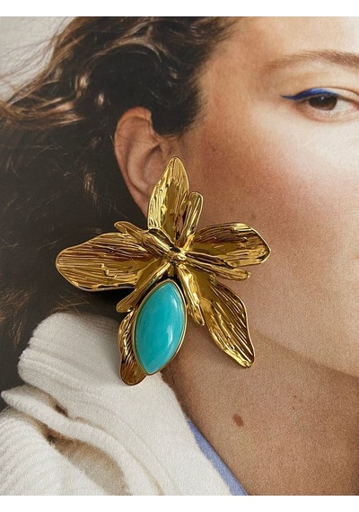 Pinery Jewels Firuze Taşlı Yaprak Paslanmaz Çelik Kadın Küpe Çifti Altın