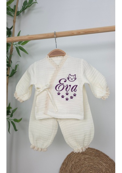 Gros Shop Müslin Yeni Doğan 4katlı Organik %100pamuk Kişiye Özgü Nakışlı Hastane Çıkış Seti Pati Model-2 Ekru