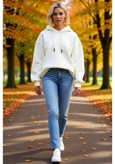Ersefa Kadın Kapşonlu Üç İplik Penye Basic Sweatshirt Kordonlu Kanguru C beyaz