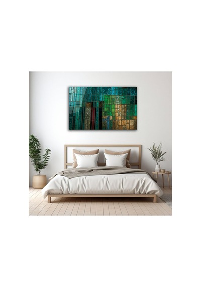 Yeşil Mavi Geometrik Modern Sanatsal Dekoratif Cam Tablo Modern Soyut Dekoratif Duvar Tablosu, Salon, Ofis Ve Çalışma Alanı Dekoru,