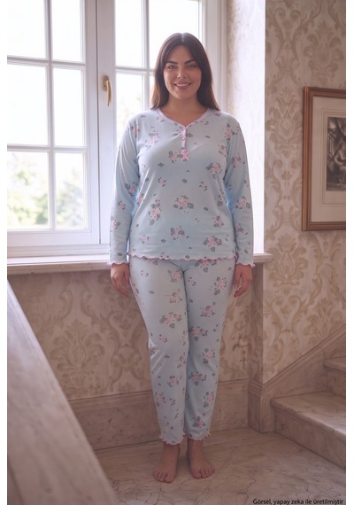 Seboteks Fitilli Kaşkorse Kumaş Uzun Kollu Büyük Beden Kadın Pijama Takımı 2990 Mavi