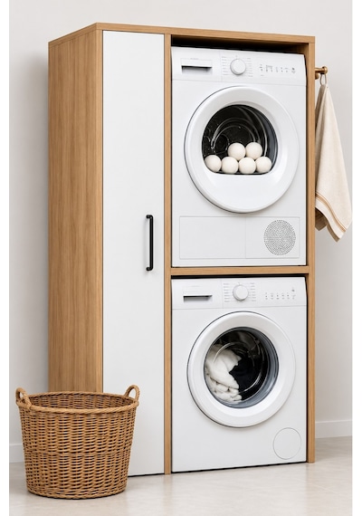 Rudu Noa Çamaşır Ve Kurutma Makinesi Dolabı, Banyo Dolabı 92x65x184 Cm 1 Kapaklı 5 Raflı - Meşe-beyaz Meşe - Beyaz