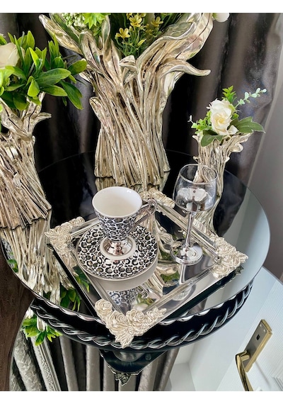 Atabey Home Collection 6'lı Kahve & Çay & Sunum Tepsisi Metal Döküm Kare Gümüş Gül Model