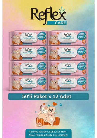 Reflex Care Evcil Hayvanlar İçin Çok Amaçlı Hijyenik Temizleme Mendili 50'li X 12 Adet