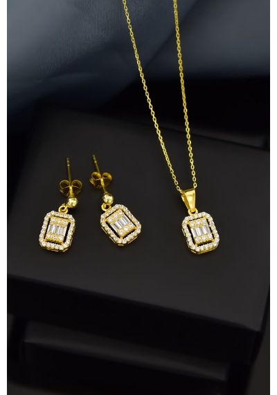 Papatya Silver 925 Ayar Gümüş Gold Kaplama Zirkon Baget Taşlı Çivili Küpe ve Tepelikli Baget Kare Taş Kolye Set