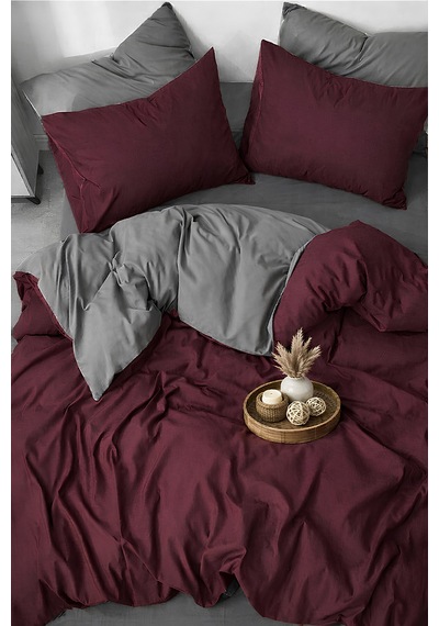 Bordo & Gri, Çift Kişilik Nevresim Takımı Modern Minimal Seri Bordo-gri