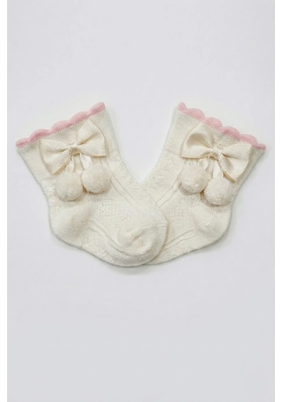 Cocole Socks Kız Çocuk Aksesuarlı Soket Çorabı Tekli Pamuklu Ponponlu Ekru Desenli