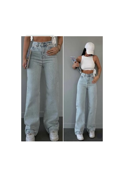 Woddi Sara Salaş Kar Yıkama Mavi Kot Palazzo Bol Paça Jeans New Taş1