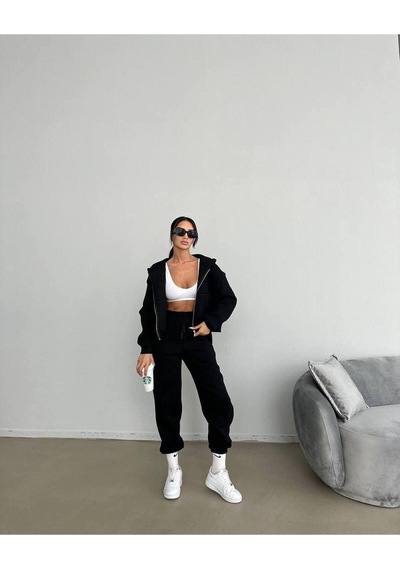 Düz Basic Hırka Eşofman Altı Jogger Alt Üst Takım - Siyah Fermuarlı Oversize Kapüşonlu Siyah Düz Basic Hırka Eşofman Altı Jogger Alt Üst Takım - Siyah Fermuarlı Oversize Kapüşonlu Siyah