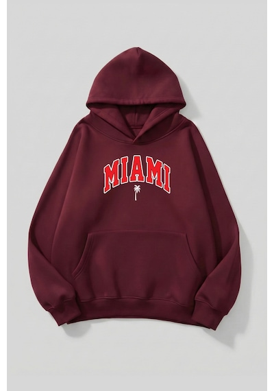 Uyguntarz Unisex Yumuşak Dokulu Miami Baskılı Tasarım Oversize 3 İplik Hoodie Sweatshirt Bordo