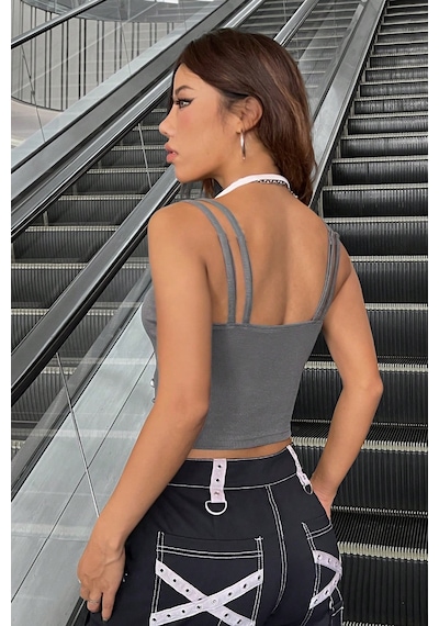 Epilons Zenvial Kadın Antrasit Gri Beyaz Çift Renk Çapraz Askılı Crop Top Bluz Zenviall2