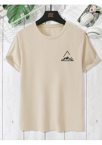 Üçgen Dağ T-shirt - Bej Baskılı Oversize Bisiklet Yaka Kısa Kol Tişört Bej