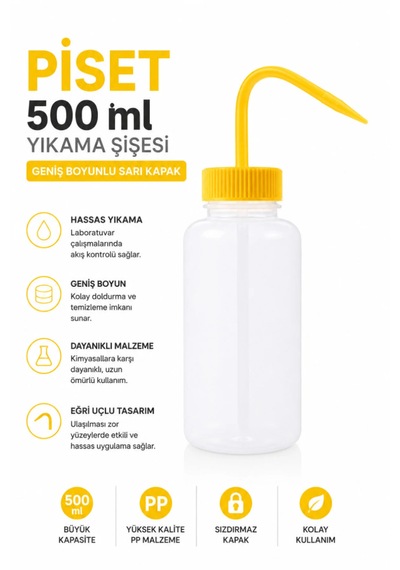 Piset 500 Ml - Yıkama Şişesi - Geniş Boyunlu Sarı Kapak