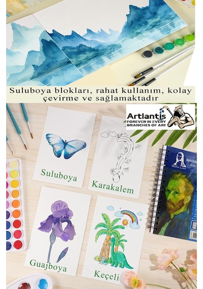 Telli Suluboya Bloğu Kağıdı A5 210gr 20 Yaprak Dokulu Gölgelendirme Zımpara 24 Renk Aquarell Kuruboya Dereceli Uzatma