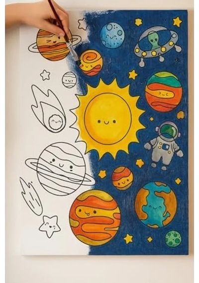 Resimli Tuval Boyama Seti, 25x35 Cm, 6 Renk Akrilik Boya İle Eğlenceli