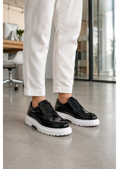 Mevese Verlixo Bağcıklı Parlak Rugan Erkek Casual Sneaker Klasik Günlük Ayakkabı - Siyah