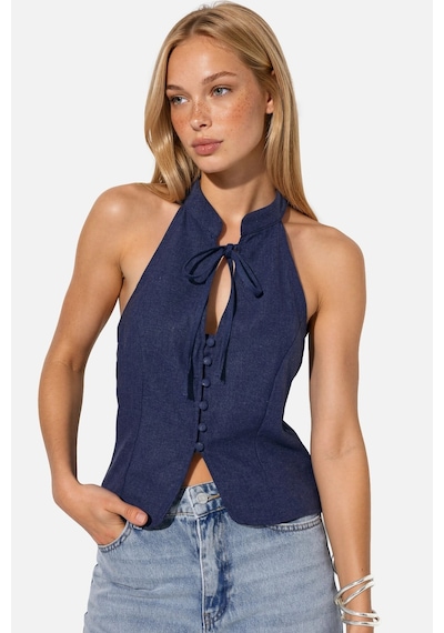 Hiccup Qipao Halter Yaka Düğmeli Top Lacivert