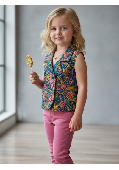 Zekids Kız Çocuk Desenli Kruvaze Kesim Tasarım Yelek-16890 Renkli