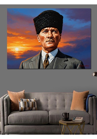 Kalpak Başlıklı Atatürk Portresi Ve Gün Batımı Dekoratif Kanvas - Mdf Ahşap Tablo