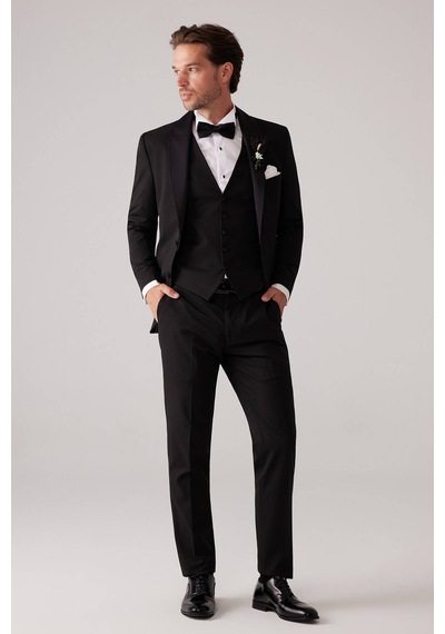 Ysf Erkek Siyah Mono Yaka Slim Fit Yelekli Damatlık