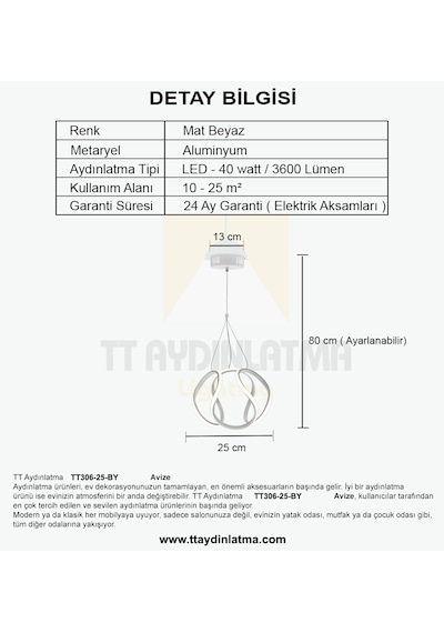 Tt306-25-by Tt Aydınlatma Orta Kavis Mat Beyaz Gün Işığı Ledl Beyaz