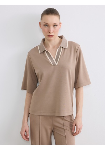 Lcw Everyday Kahverengi Polo Yaka Soft Touch Kadın Tişört