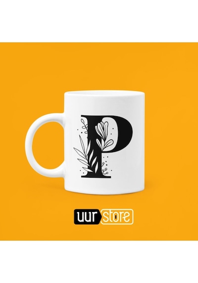 P Harfi Baskılı Porselen Kupa 330ml Beyaz