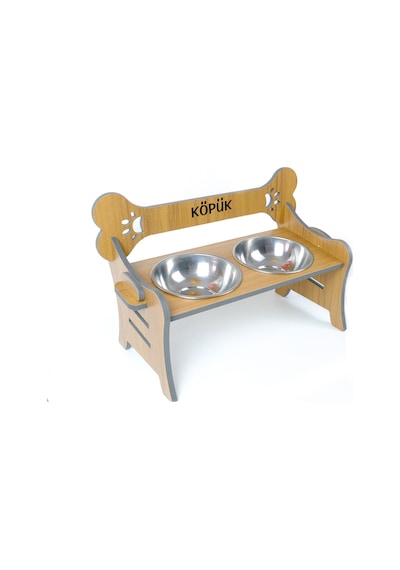 Köpek Su Ve Mama Kabı Standı - Özel İsim Baskılı - Suya Dayanıklı - Ceviz Cdf - Çelik Kase -2 1000ml