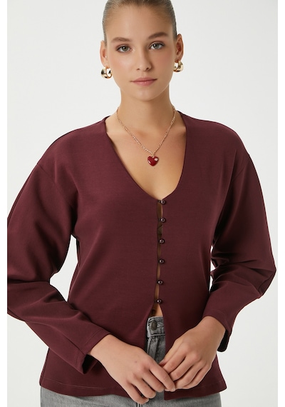 Ritnice Kadın Osea Premium Bele Oturan Bordo Şık Düğme Detay Peplum Bluz Bordo