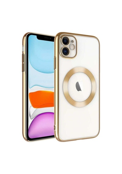 Apple Uyumlu iPhone 11 Kılıf Wireless Şarj Özellikli Sert Pc Zore Riksos M-safe Kapak Gold