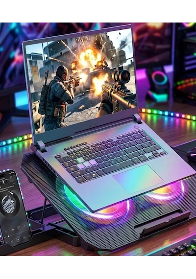 Store Rgb Renkli Çift Fanlı 12 17 2xusb'li Telefon Tutuculu 6 Kademe Yükseklik Ayarlı Macbook Notebook Laptop Standı N33
