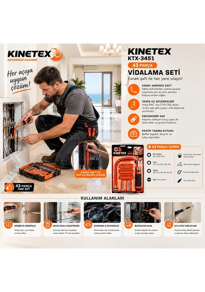 43pcs Silikon Sap Akrobat Uzatmalı Tornavida Bits Seti Manyetik Uç Tutucu Ktx-3451 Bx40