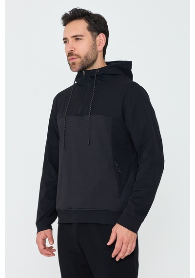 White Stone Siyah Kapüşonlu Yarım Fermuarlı Yandan Cepli Erkek Sweatshirt