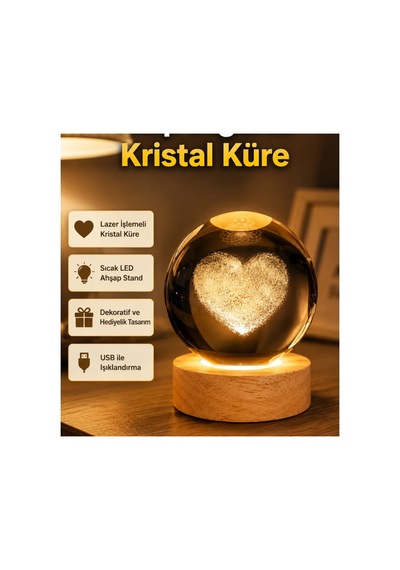 Kalp Figürlü Kristal Cam Küre Usb Işıklı Ahşap Tabanlı Dekoratif Obje