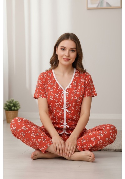 Angbutik Kadın Turuncu Desenli Fiyonklu Kısa Kollu Uzun Pijama Takımı