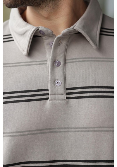Madmext Boyalı Gri Çizgili Polo Yaka Erkek Sweatshirt E7172 Gri