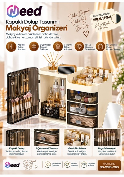 Need Kapaklı Dolap Tasarımlı 3 Çekmeceli Makyaj Organizeri Ve Takı Düzenleyici Krem/siyah Nd-9018-cbd